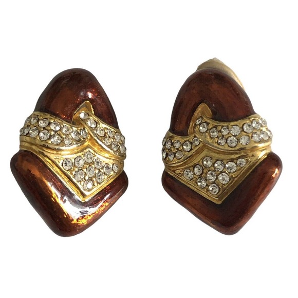 Vintage Clip Earrings Bronze Gold Enamel Rhinestone Crystal Chunky 1980s - Picture 8 of 8